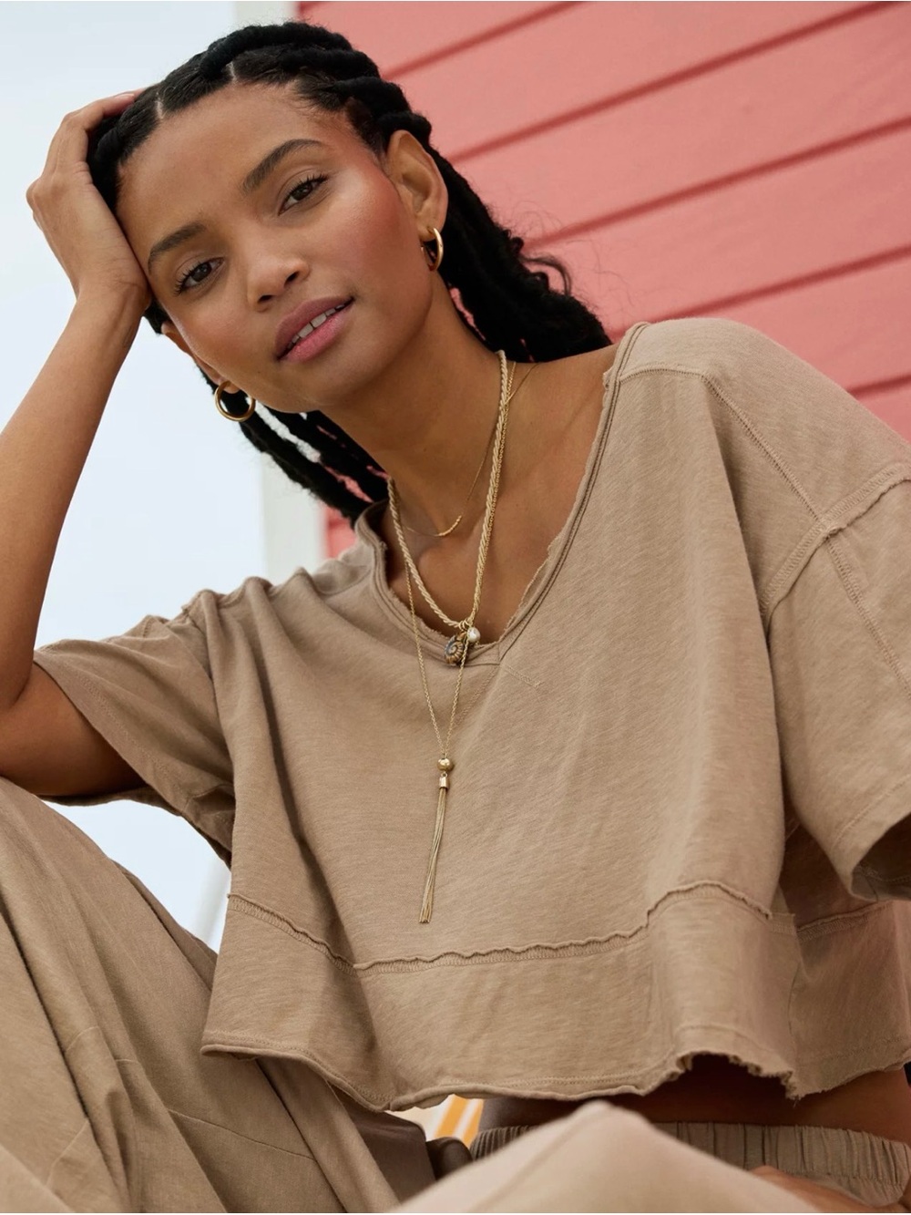 aerie Taupe Cropped V-Neck Tee